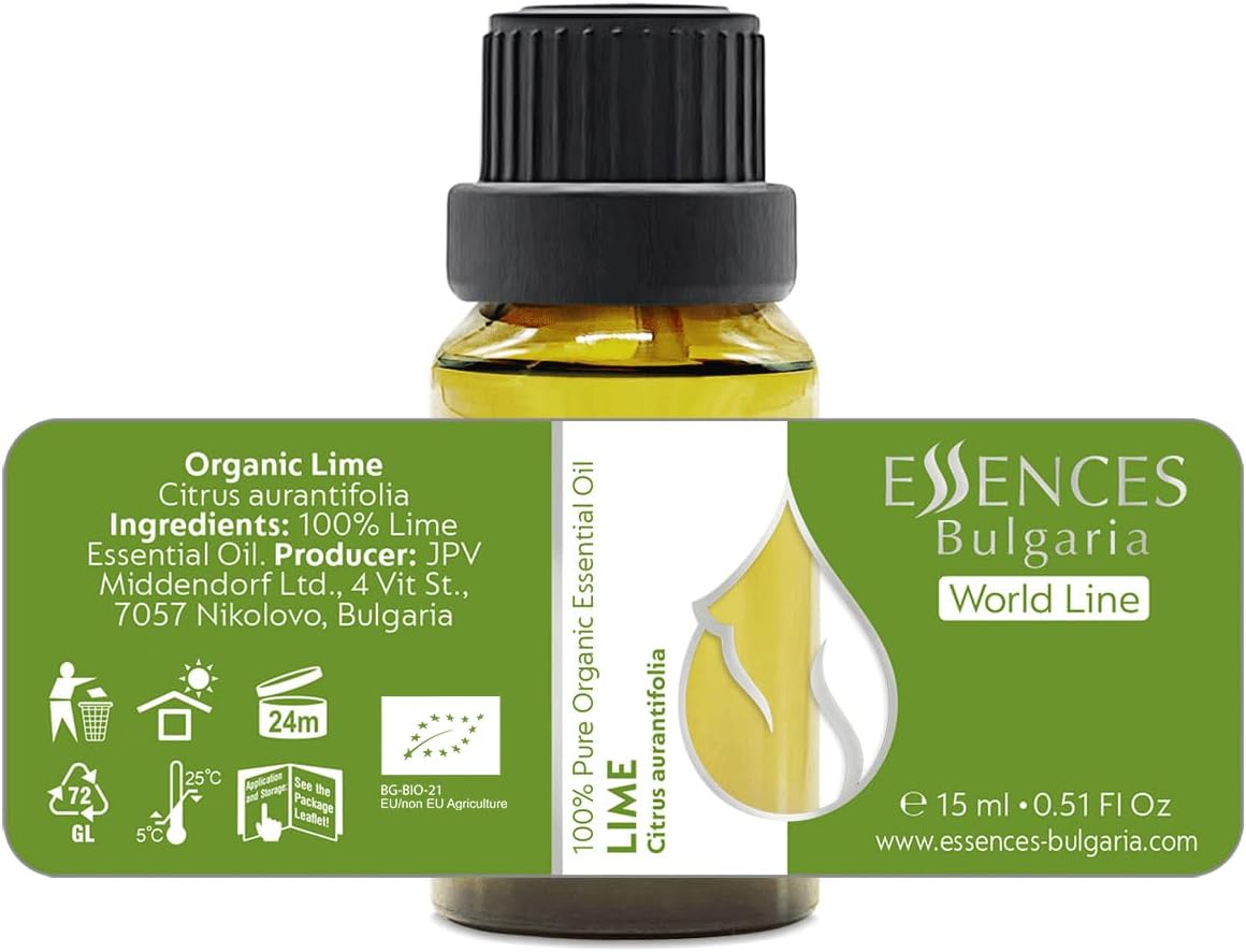 Essences Bulgaria Organic Lime Essential Oil 0.51 Fl Oz 15ml Citrus aurantifolia - 100% Pure Natural Undiluted Therapeutic Grade for Aromatherapy Oil Diffuser Humidifier Hair Growth Skin Care Oil