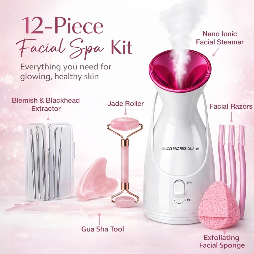 Nano Ionic Facial Steamer Spa Kit, 12-Piece Skincare Set with Jade Roller, Gua Sha, Facial Razors, Blackhead Extractor Tools & Exfoliating Sponge for Deep Pore Cleansing
