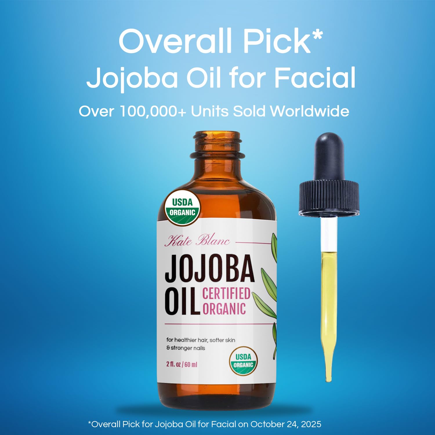 Kate Blanc Cosmetics Organic Jojoba Oil for Hair, Skin, Face, Nails (2oz) - USDA Certified, 100% Pure Cold Pressed Unrefined - Moisturizing Carrier Oil for Gua Sha, Dermaplaning, Body - Glass Bottle