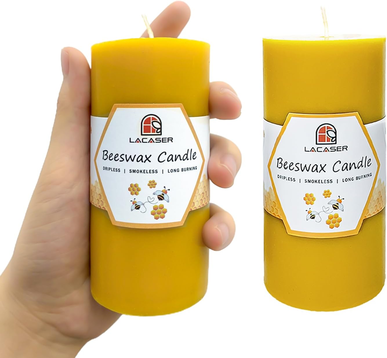 Lacaser Beeswax Pillar Candles,100% Pure Beeswax Candles,Long Burning Time 40 Hours Each,80 Hours Total for Set, Bees Wax Candle for Home, Size 2”x 4” (2 Packs), Dripless& Smokeless