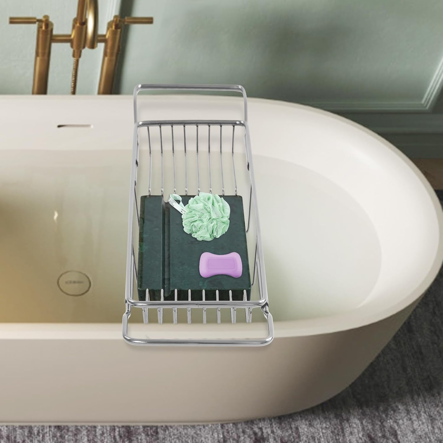 Bacocoo Bathtub Tray Caddy for Luxury Bath Expandable Extra Wide Bath Tub Tray with Natural Marble Tray and Mobile/Tablet Stand, Ideal for Home Spa Lovers. (Sliver+Green)