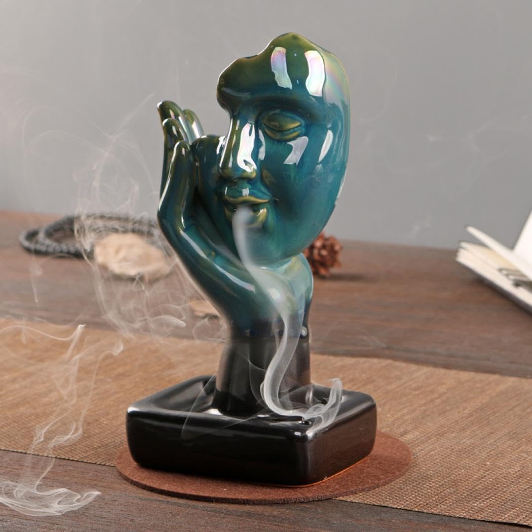 YYW Ceramic Incense Holder,Meditative Backflow Waterfall Incense Burner,Face Thinking Incense Waterfall with 20 Backflow Incense Cones + 30 Incense Stick for Women Men Room Decor