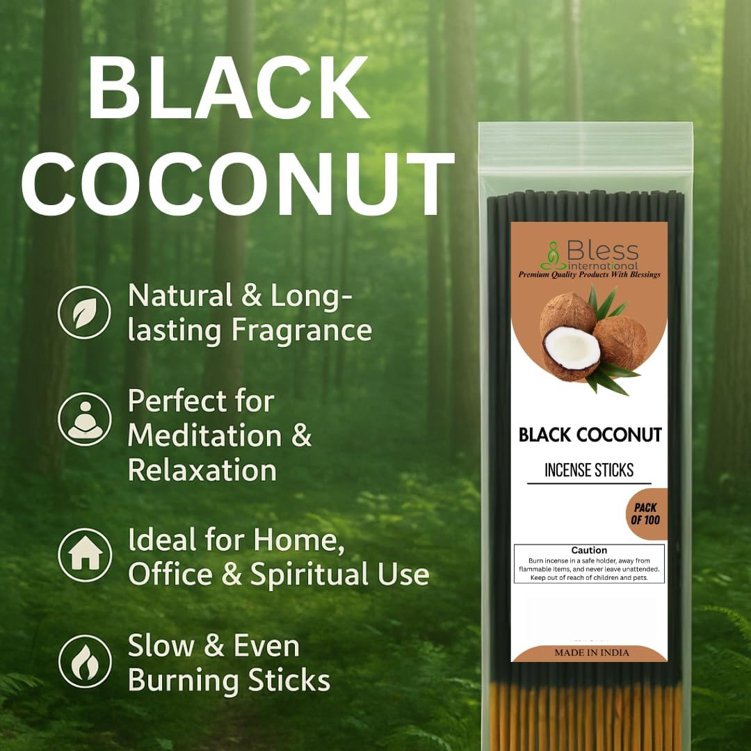 Bless-International-Black-Coconut 100%-Natural-Handmade-Incense-Sticks Organic-Chemicals-Free-for-Relaxation-Positivity-Yoga-Meditation 12-Inches-1-Hour-Plus-Burning-Time-100-Sticks-250-GM