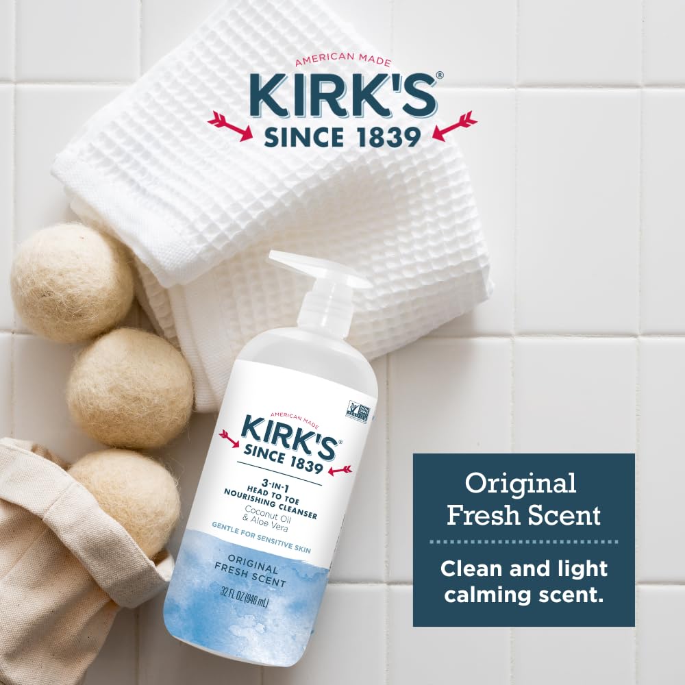 Kirk's Original Fresh 3-in-1 Nourishing Cleanser, Shampoo Body Wash Bubble Bath, Coconut Oil and Aloe Vera, Vegan Non-GMO, 32 Fl Oz, Pack of 2