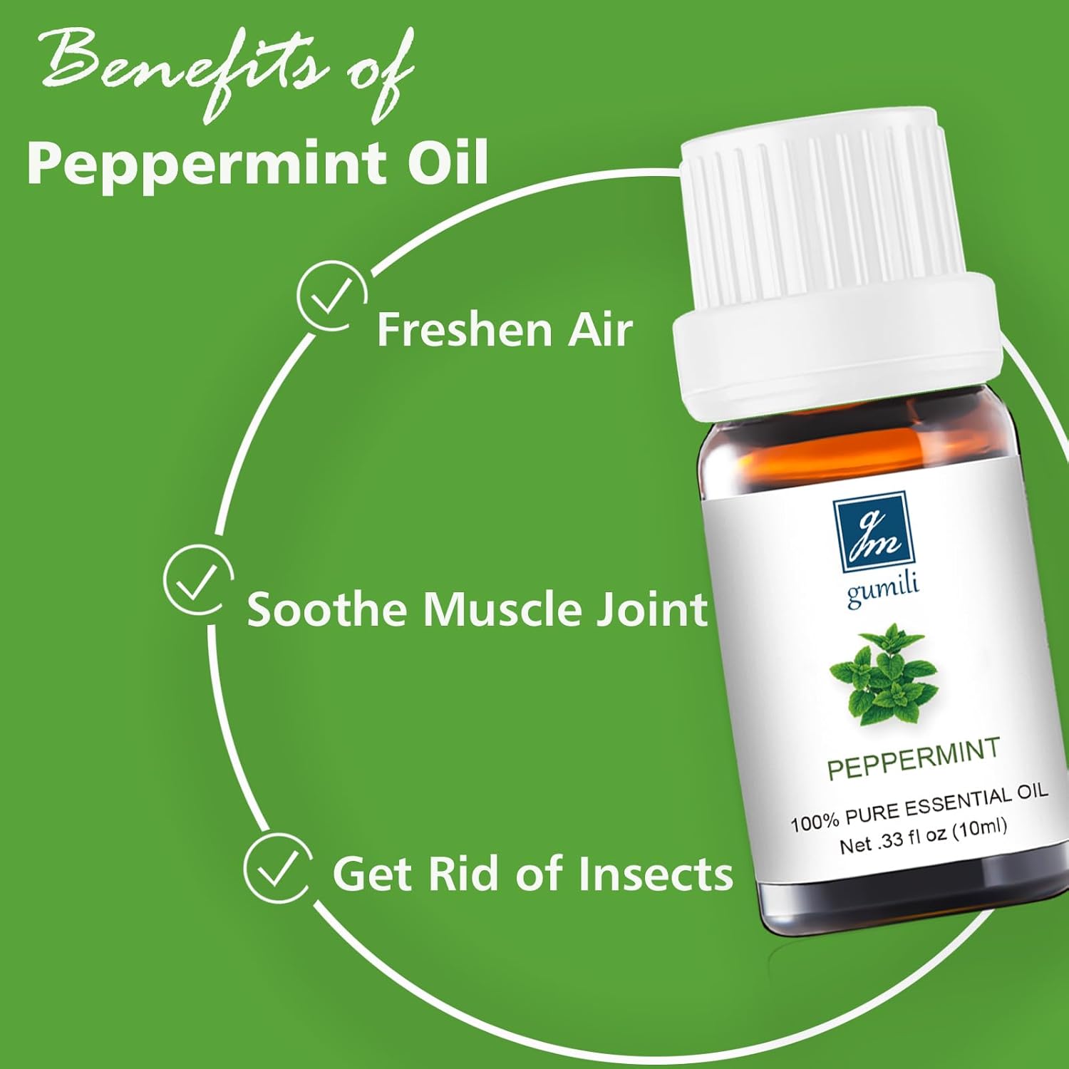 GM Gumili Peppermint Essential Oil - 100% Pure Natural Oil for Aromatherapy Diffuser, Room Spray, Skin Care, Hair Growth & Cooling Relief - 10mL Glass Bottle