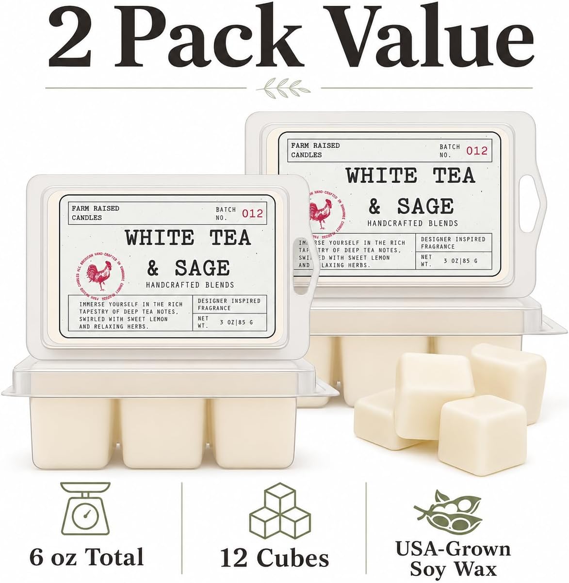 White Tea & Sage - USA Made Soy Wax Melts, 2 Pack, 6 oz | 2 clamshells, 6 oz total, 12 cubes • clean resort spa scent • USA-grown soy wax
