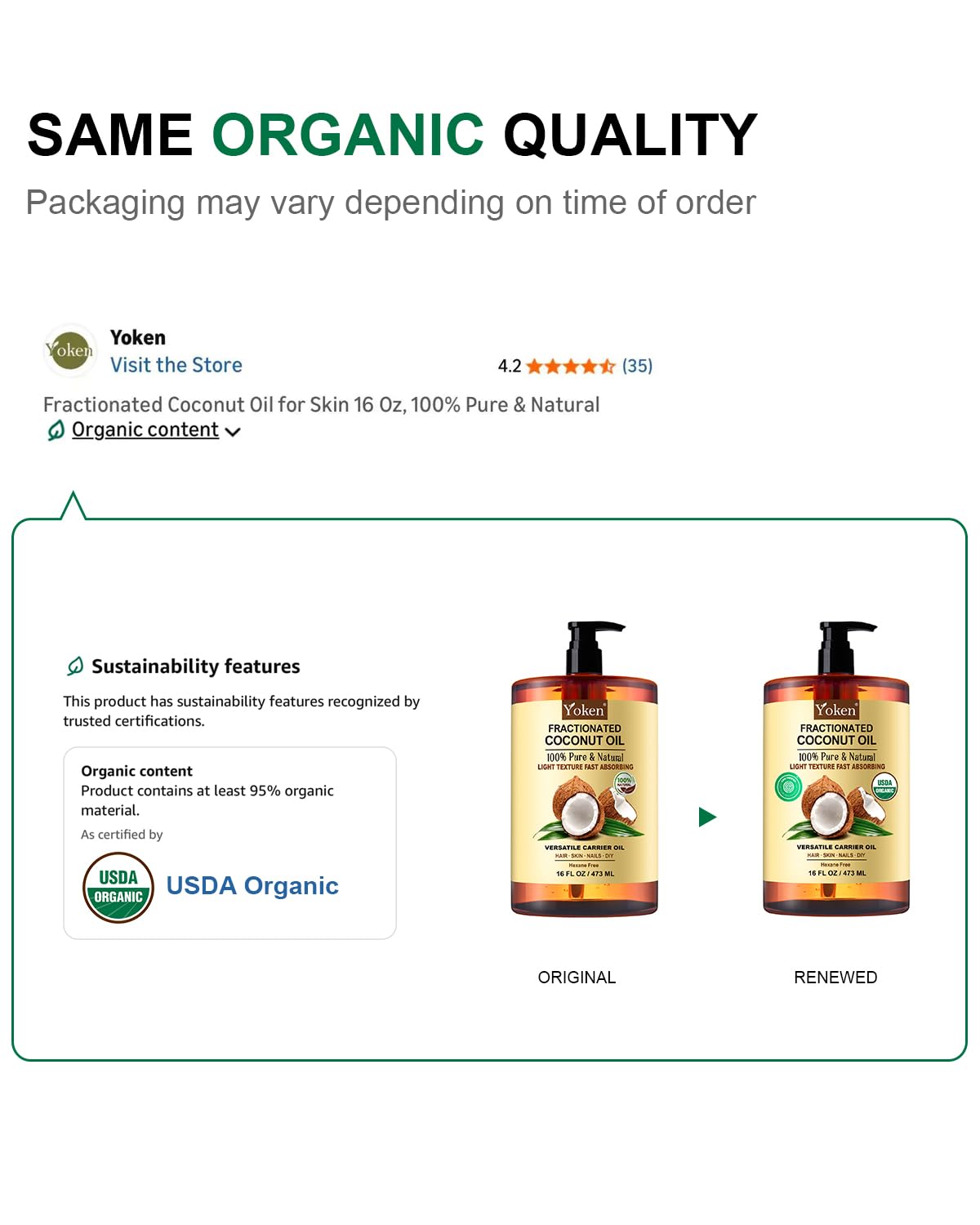 Yoken USDA Certified Fractionated Coconut Oil for Skin 16 Oz, Organic Liquid Coconut oils, Moisturizer for Hair, Face, Body, Carrier oil for Essential Oils Mixing, Massage, Hexane Free, Unscented