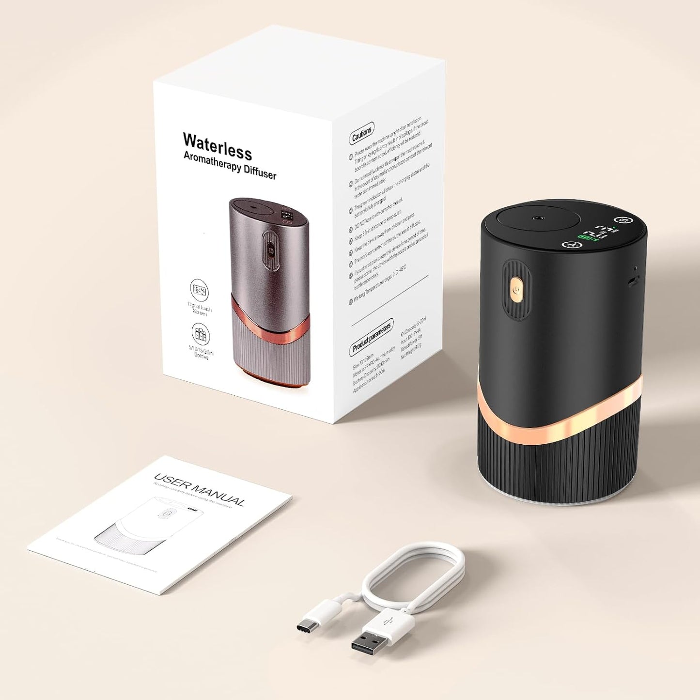 Waterless Essential Oil Diffuser Rechargable: Portable Aromatherapy Diffuser for Car and Home - 1/2/4/6H/Time Off 4 Mist Level for Room Office Bedroom (Black)