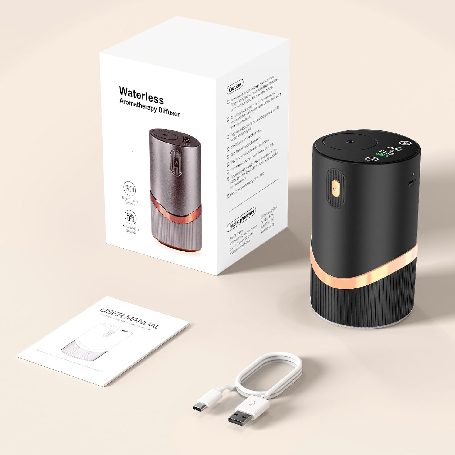 Waterless Essential Oil Diffuser Rechargable: Portable Aromatherapy Diffuser for Car and Home - 1/2/4/6H/Time Off 4 Mist Level for Room Office Bedroom (Black)