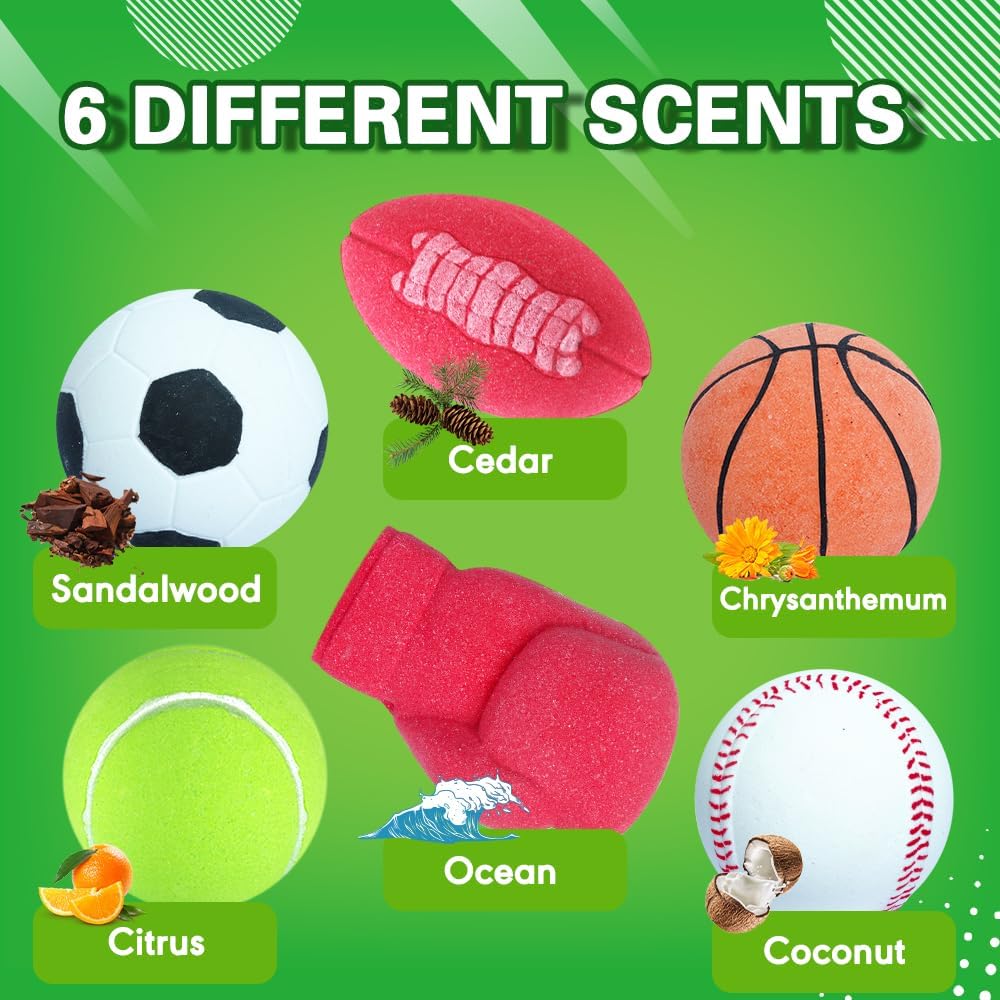 HZEX Sports Themed Bath Bombs Gift Set – 6 Piece Novelty Fizzy Balls with Basketball, Tennis, Baseball, Soccer, Football & Boxing – Fun Spa Kit for Kids, Teens, Men & Women – Self Care & Relaxation