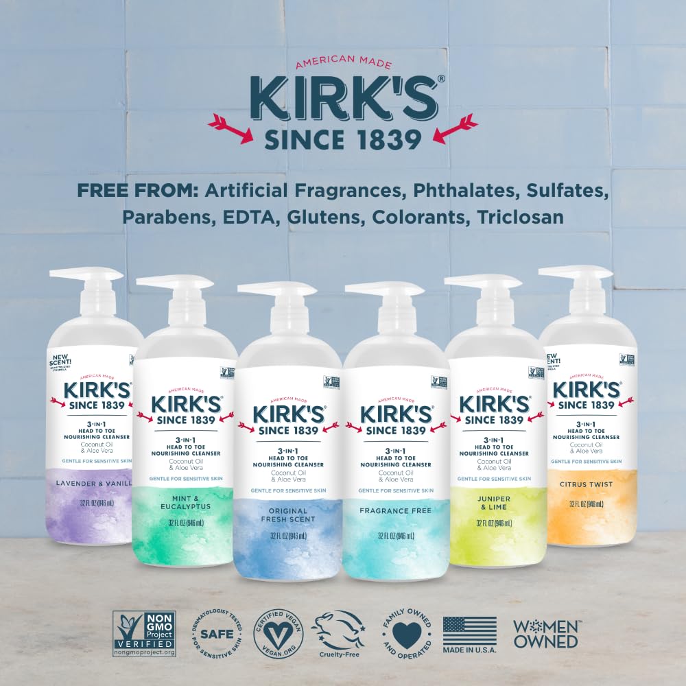 Kirk's Lavender & Vanilla 3-in-1 Nourishing Cleanser, Shampoo Body Wash Bubble Bath, Coconut Oil and Aloe Vera, Vegan Non-GMO, 32 Fl Oz