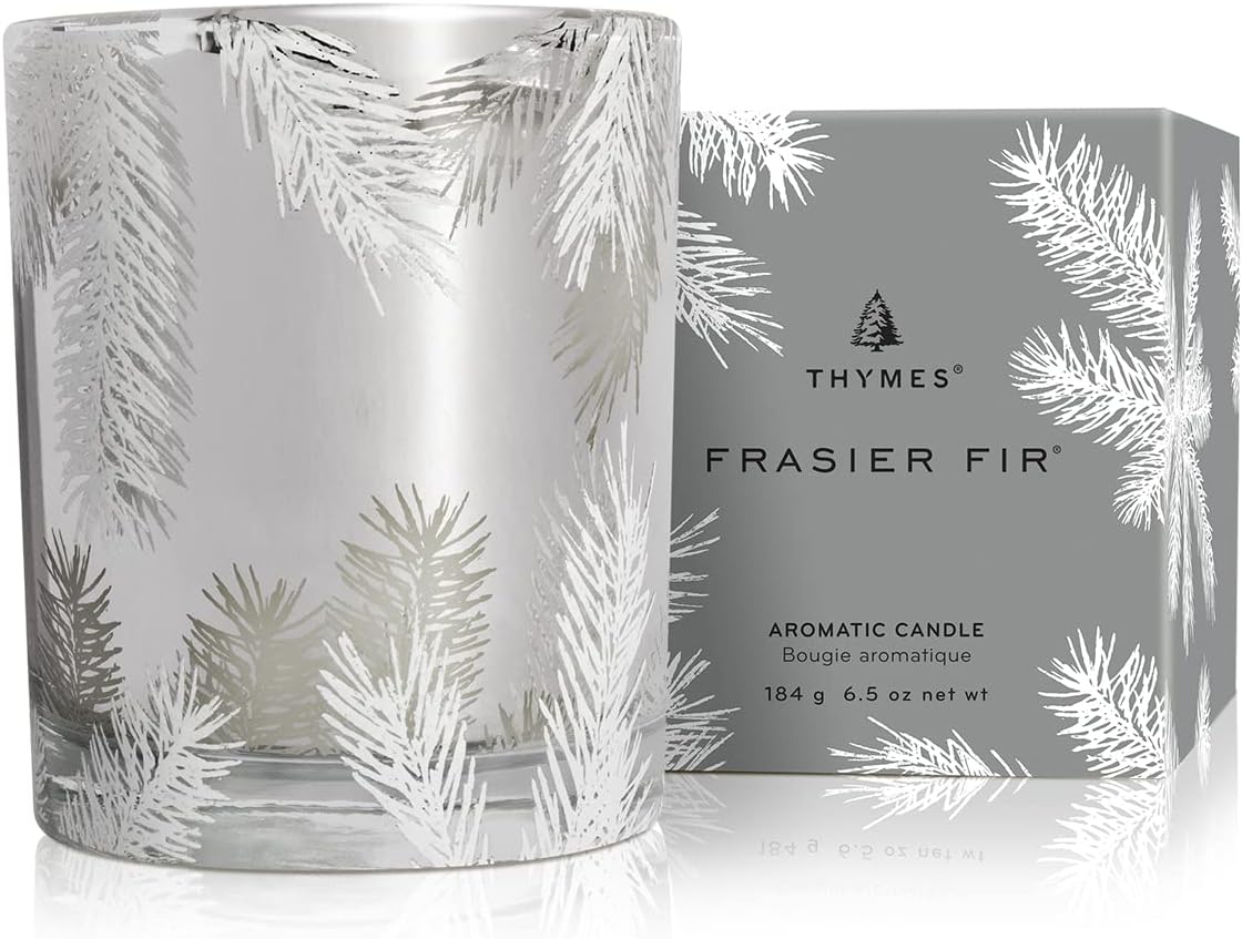 Thymes Frasier Fir Candle – Pine Needle Design – Holiday Scented Candle – Notes of Crisp Siberian Fir, Cedarwood & Sandalwood – Luxury Home Fragrance Gifts for Women & Men – Silver (Statement, 6.5 oz)