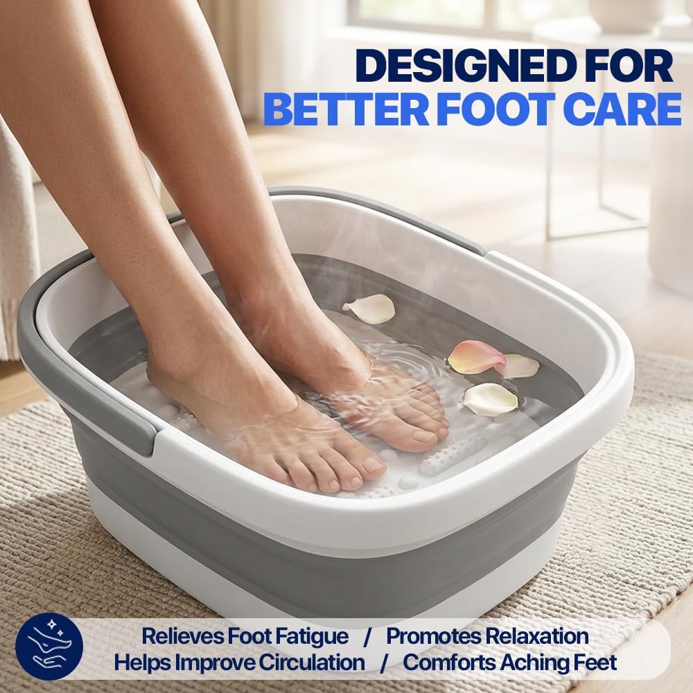 AllSett Health Collapsible Foot Bath – Advance Feet Soaking Tub with Portable Design and Handle – Foldable Pedicure Foot Spa Basin – Compact and Lightweight Soak Tub with Acupressure Points, White