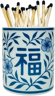 Hapton House Chinoiserie Long Match Holder with Striker – Tall Design for 3", 4", 5" Matches – Rare Vintage Style Soft Blue Porcelain with Cobalt Chinoiserie Patterns – MATCHES NOT INCLUDED (Style A)