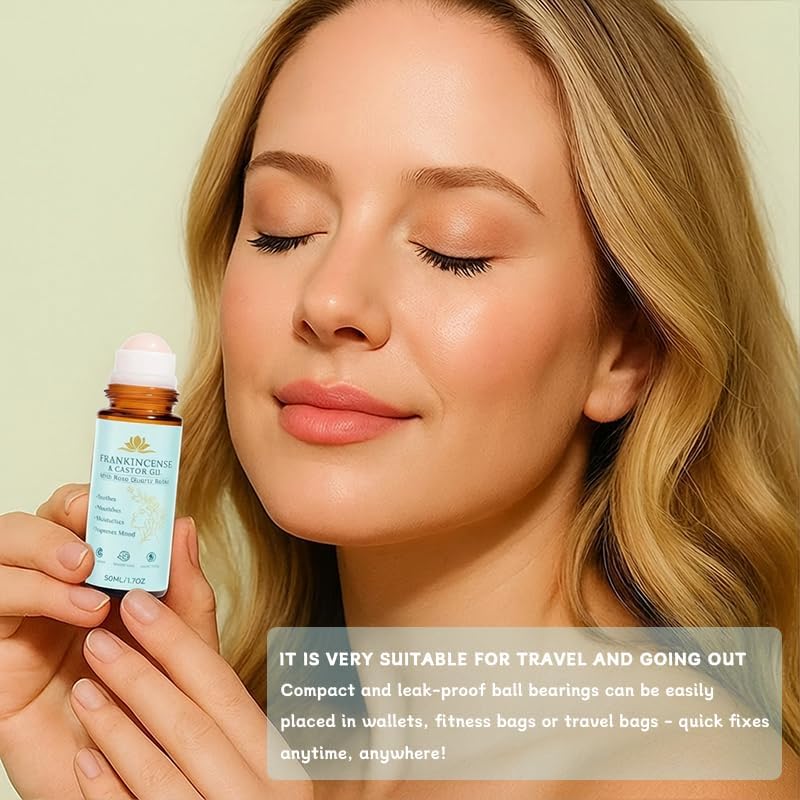 Frankincense and Castor Oil, Organic Castor Oil Roll On with Rose Quartz Roller, 100% Pure, Organic, Cold-Pressed, Firms Skin, Reduces Fine Lines, Suitable for Face, Neck, Abdomen(50ML/1.7OZ)