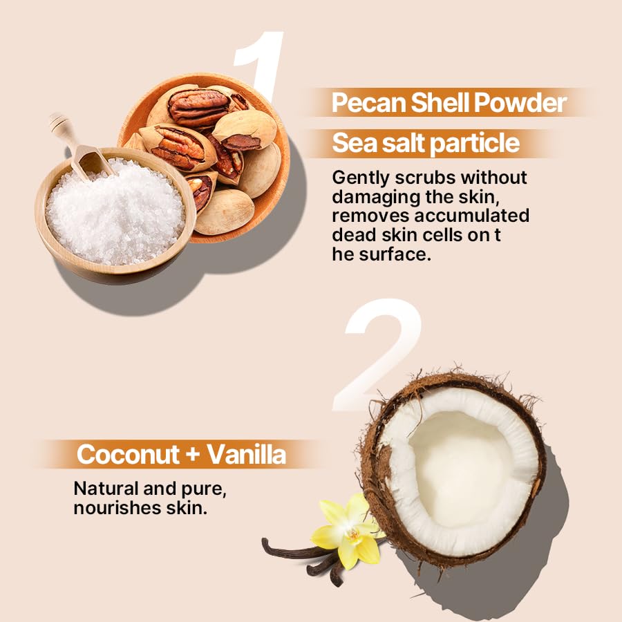 Coconut Vanilla Sea Salt Body Scrub Exfoliating Body Scrub for Body Moisturizing Body Polish Dead Skin Remover Hydrating Shower Bath Body Exfoliator Smooth Soft Skin 10.58 oz