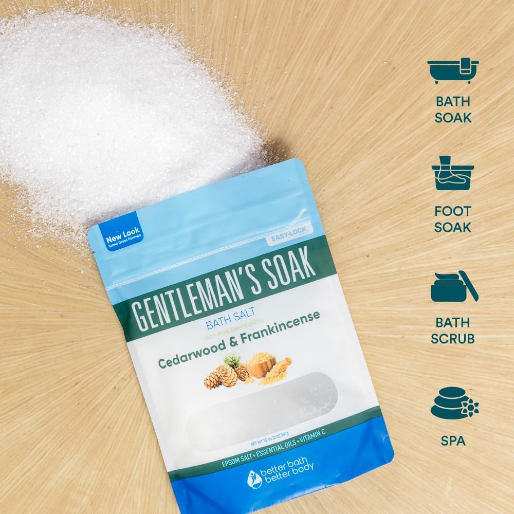 Gentleman's Bath Salt 32 Ounces (2 Lbs) Epsom Salt Soak for Men with Natural Cedarwood and Frankincense Essential Oils Plus Vitamin C in BPA Free Pouch with Easy Press Lock Seal Made in USA