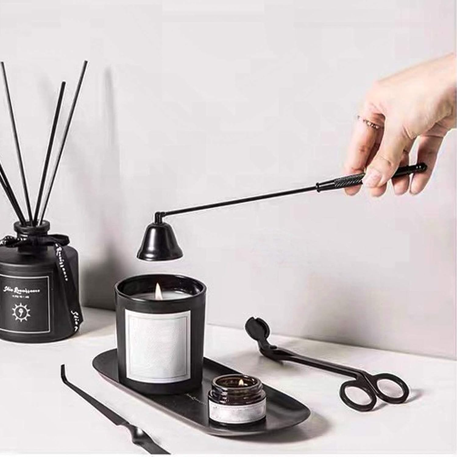 Candle Snuffer Black with Long Handle, Candle Snuffer Extinguisher, Wick Cutter Stainless Steel Wick Clipper Wick Scissor, Candle Wick Trimmer for Candle Aromatherapy Lovers
