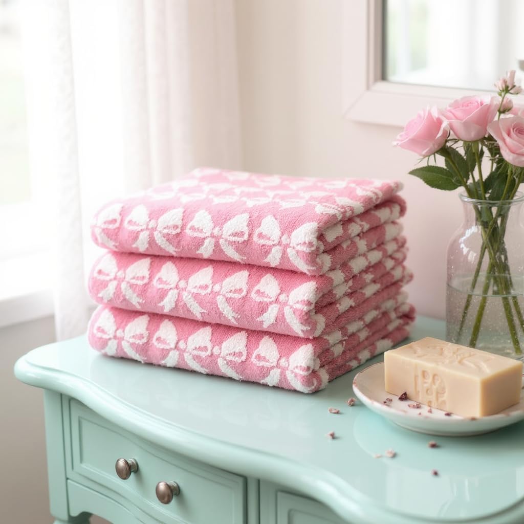 Luxury Bow Hand Towels – Set of 2 - Ultra-Absorbent & Quick-Dry Cotton Towels for Bathroom, Spa & Hotel Quality Comfort (Pink Bows, Hand Towel)