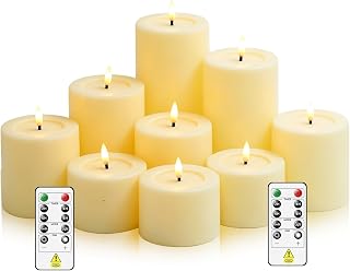 Sasigeiaa Flameless Candles with Remote - 9 Pack Battery Operated LED Fake Candles, Ivory (D3 x H3/4"/5"/6"/7" Assorted) for Festival, Home, Party Decor