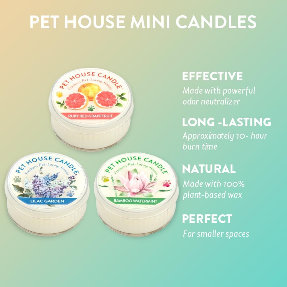 Pet House Mini Candles for Pet Odor Made with Natural Soy Wax, Plant Based, Dog and Cat Friendly Scented Candles, Floral Variety Pack of 3