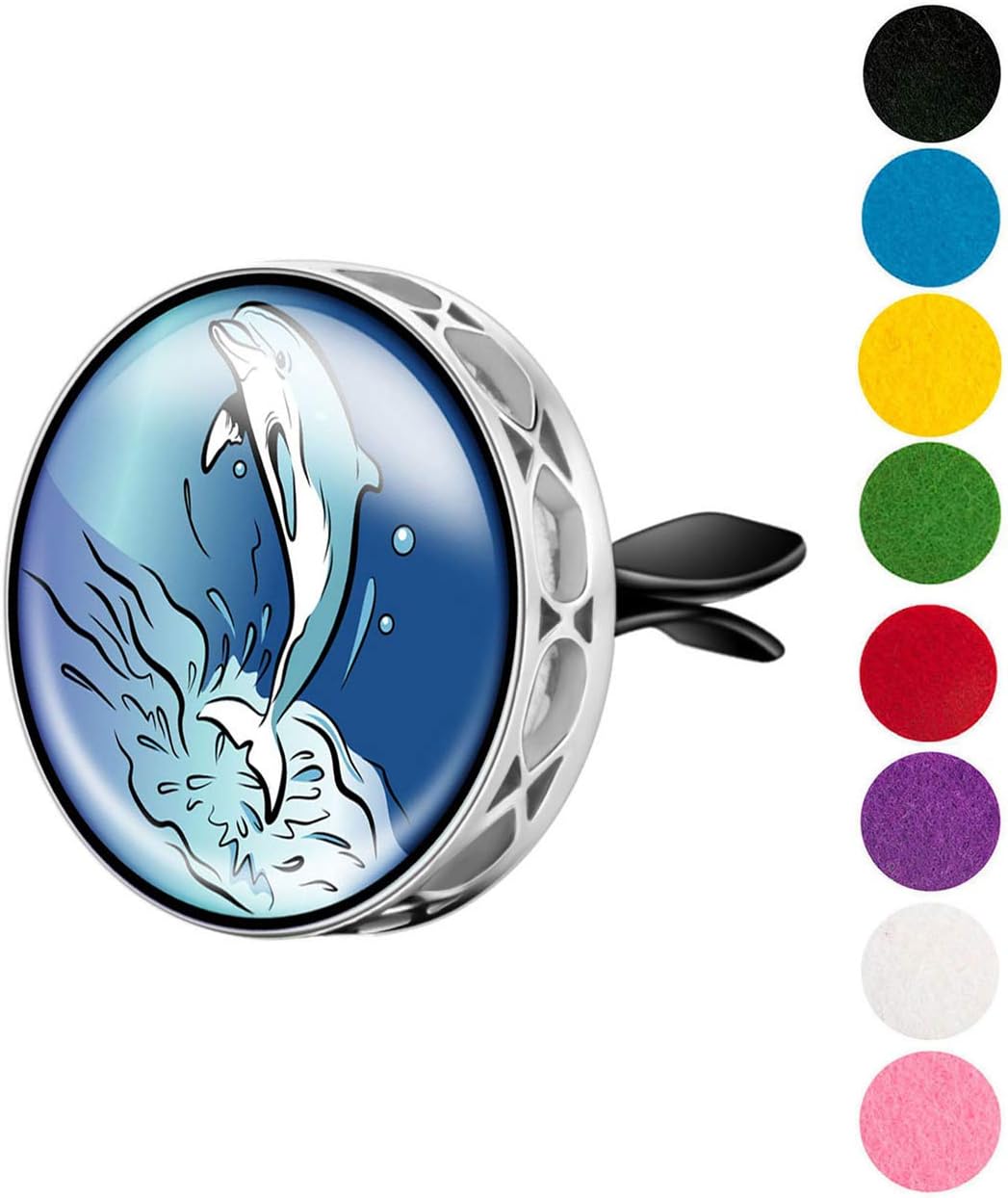 Wild Essentials Dolphin Enamel Aromatherapy Car Vent Air Freshener Essential Oil Diffuser with Vent Clip 8 Color Pads 100% Pure Essential Oils (Lavender, Peppermint, Lemongrass, Orange) Gift Set