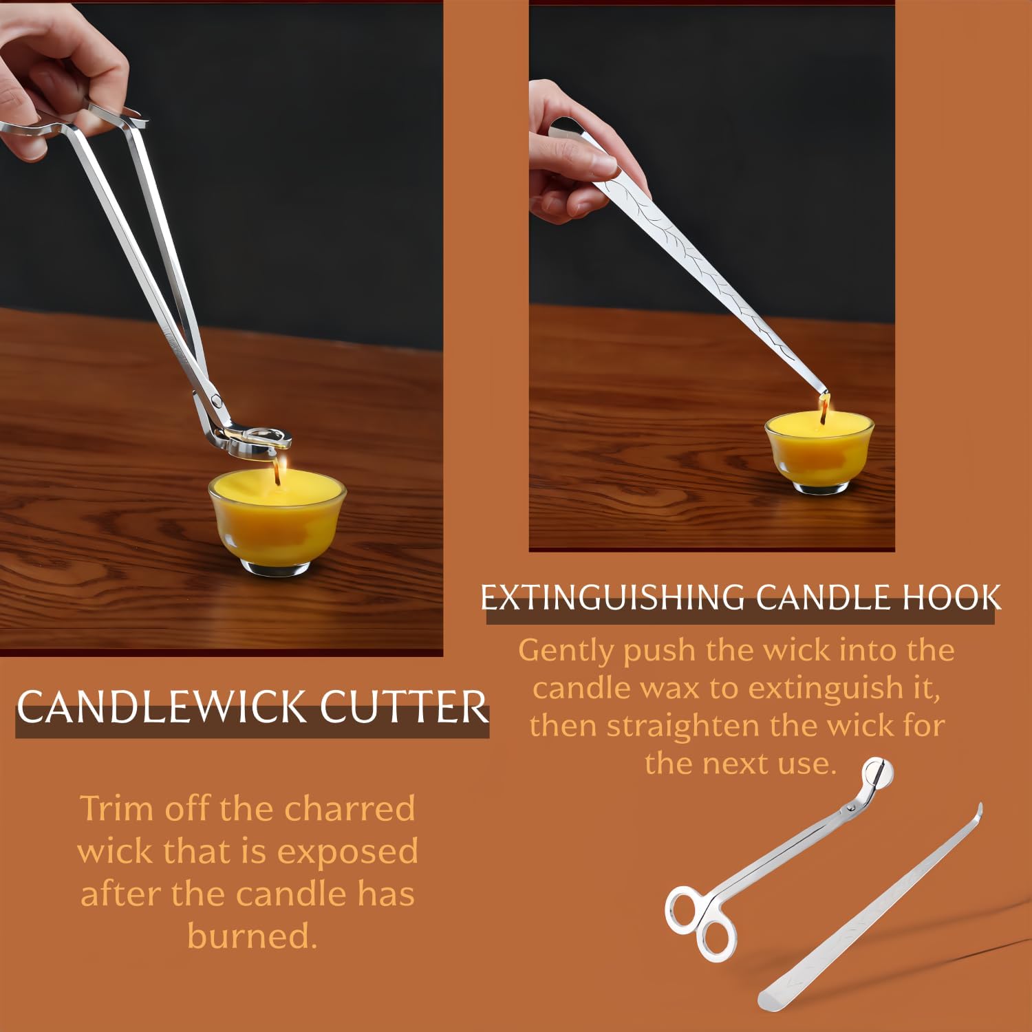 Candle Extinguishing Set, Nickel-Plated Copper, Modern Simplicity Style, Wick Cutter and Snuffer Hook, 7.09 and 7.87 Inch