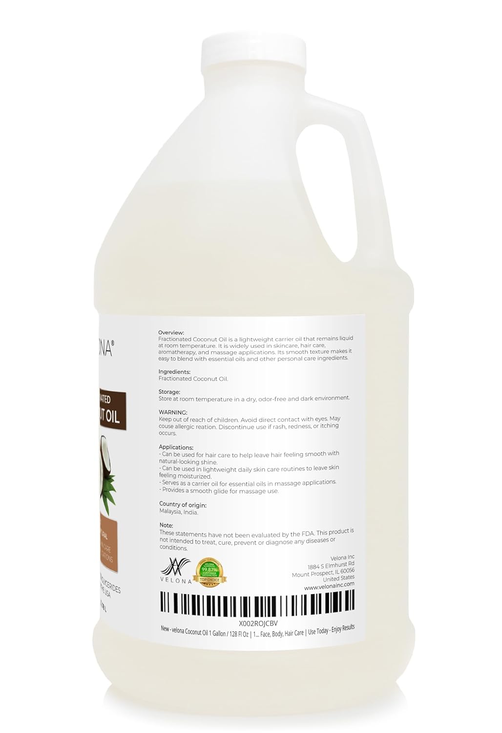 velona MCT Coconut Oil 1 Gallon / 128 Fl Oz | 100% Pure and Natural Carrier Oil | Fractionated | Skin, Face, Body, Hair Care | Use Today - Enjoy Results