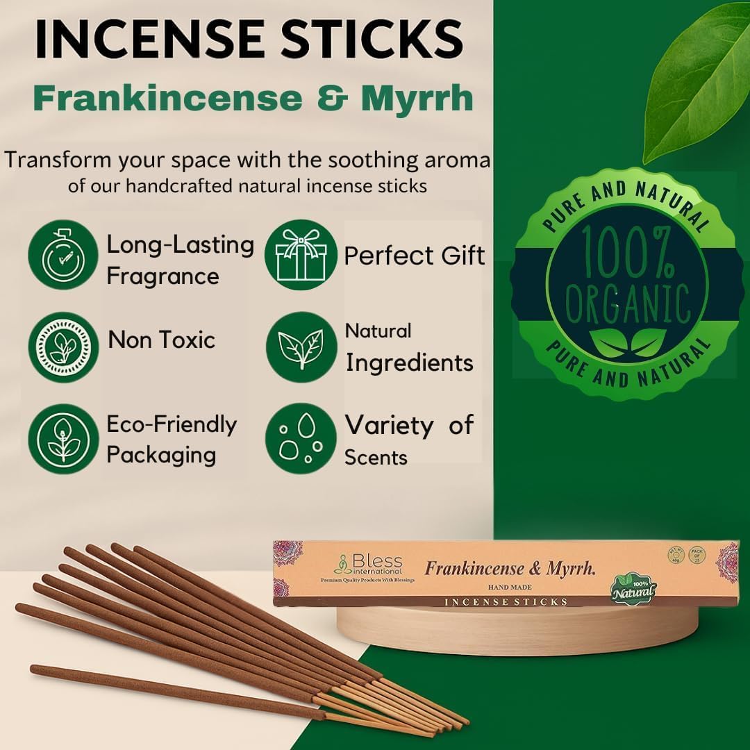 Bless-Frankincense-and-Myrrh 100%-Natural-Handmade-Hand-Dipped-Incense-Sticks Organic-Chemicals-Charcoal-Free Purification-Relaxation-Positivity-Yoga-Meditation Best-Woods-Scent (100 Sticks (5.25 OZ))
