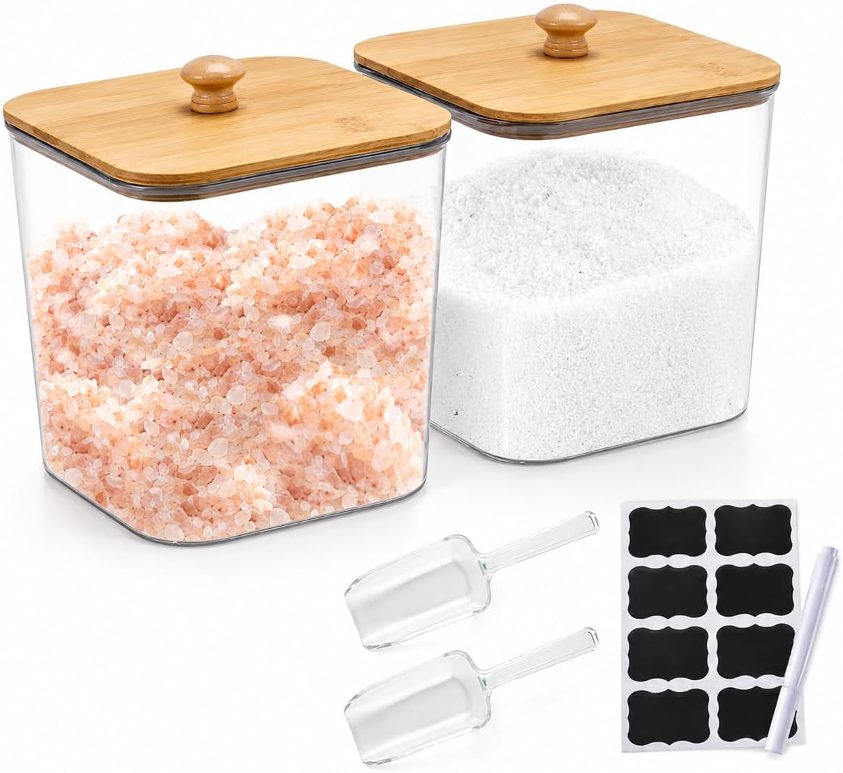 Bath Salt Container,2 Pack Clear Plastic Storage Bathroom Canisters with Wooden Lids & Handle,Airtight Bath Salt Dispenser Jars for Bathroom Organization Accessories,Bathtub Decor Box