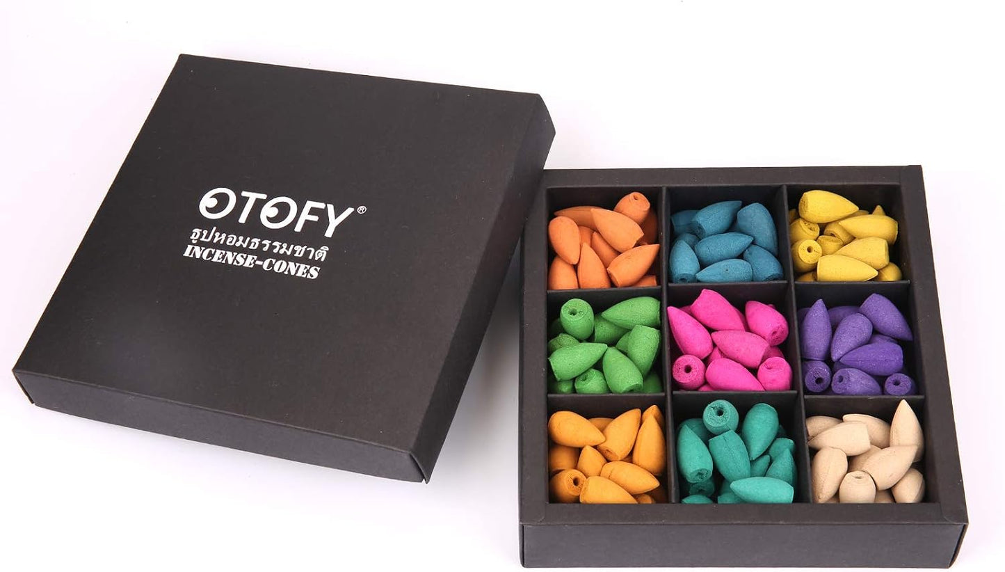 OTOFY Backflow Incense Cones 180 Pcs of 100% Natural Handwork Scents Waterfall Rose Tulip Jasmine Lavender for Backflow Incense Burner Holder Natural | Meditation & Yoga Gift(Pure Black)
