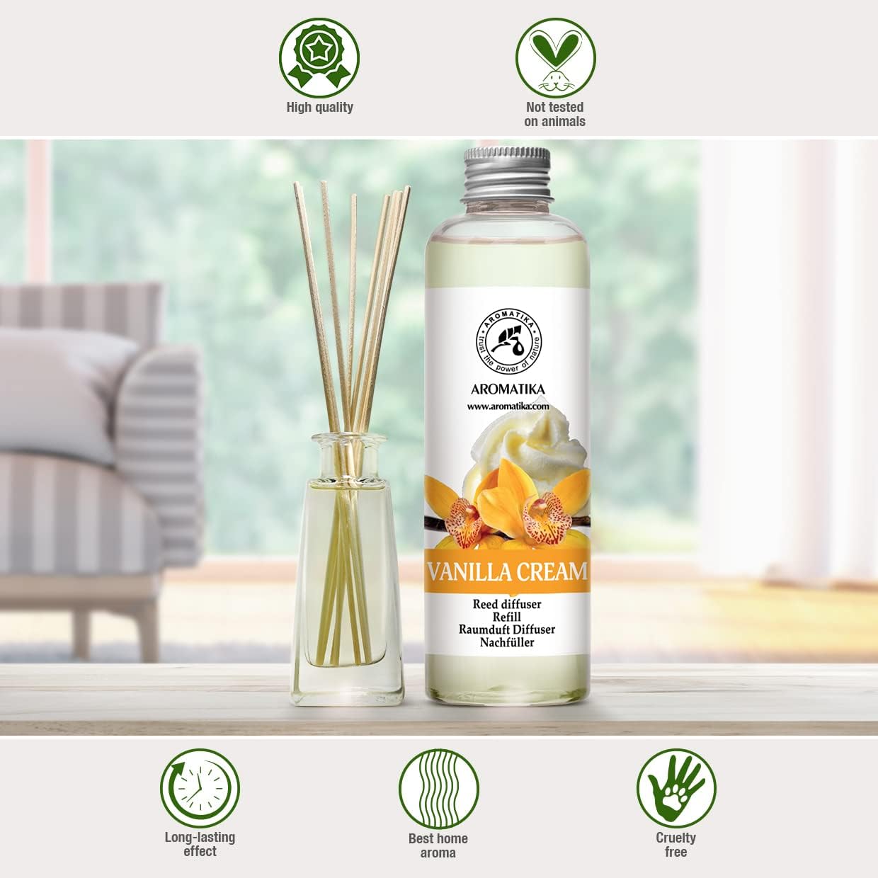 Reed Diffuser Refill Vanilla Cream 6.8 Fl Oz - Fresh & Long Lasting Fragrance - Reed Diffuser Oil Refill for Aromatherapy - Home Fragrance - Office - Restaurant - Fresh Fragrance