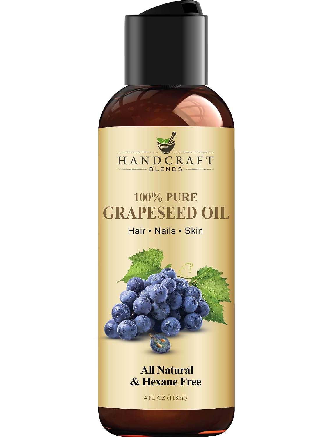 Handcraft Blends Grapeseed Oil - Cold-Pressed 4 Fl Oz - 100% Pure and Natural - Premium Grade Carrier Oil for Skin and Hair