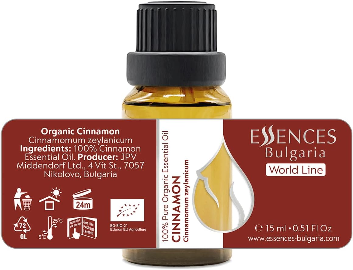 Essences Bulgaria Organic Ceylon Cinnamon Essential Oil 0.51 Fl Oz 15ml Cinnamomum Zeylanicum - 100% Pure and Natural Undiluted Therapeutic Grade Aromatherapy for Diffusers Home Humidifier