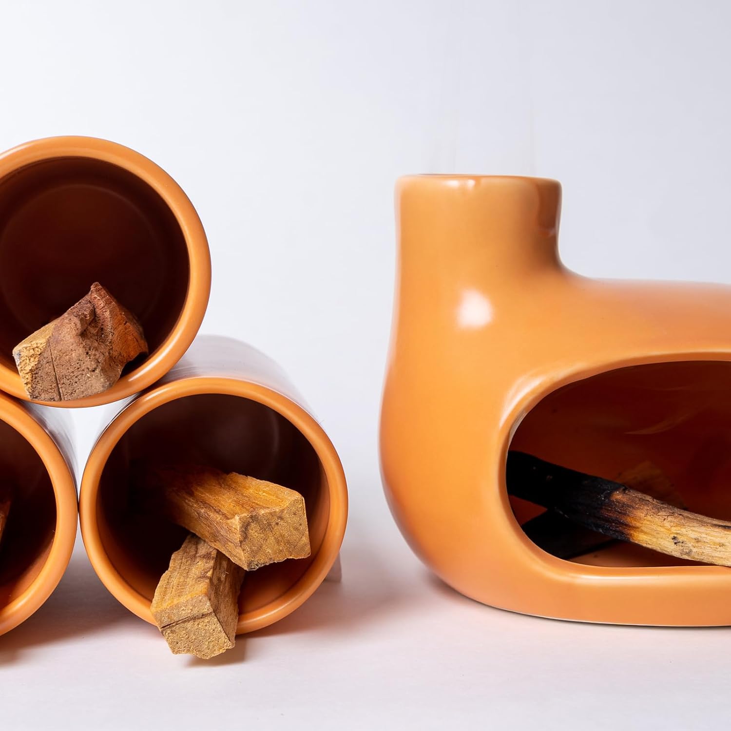 MOUGIGI Palo Santo Holder Set with 3 Matchstick Holders - Modern Handcrafted Ceramic Incense Burner with Chiminea, Perfect for Meditation - Smudge Bowl for Palo Santo Sticks, Sage, and Cones.