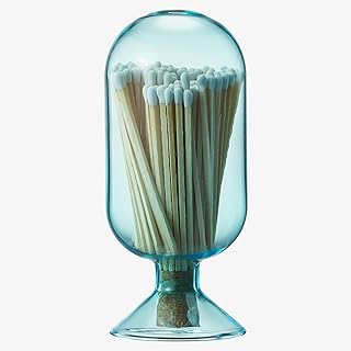 Includes 100 Match Sticks Glass Match Cloche with Striker - Blue with Cork Stopper - Fireplace, Home, Living Room, Office, Decor Decorative Candle Matches Gifts for Women Her - 6.7" H X 3"