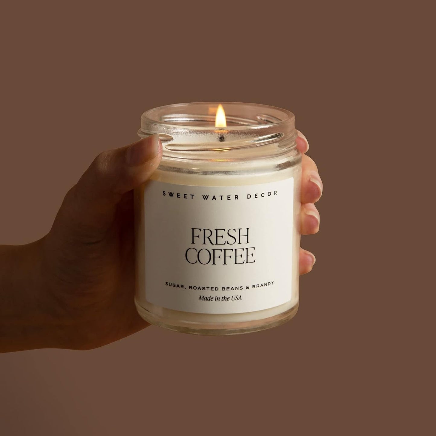 Sweet Water Decor Fresh Coffee Soy Candle - Caramel Creme, Mocha Latte and Kona Coffee Scented Candle for Home - 9oz Clear Jar + Gold Lid, 40+ Hour Burn Time, Made in the USA