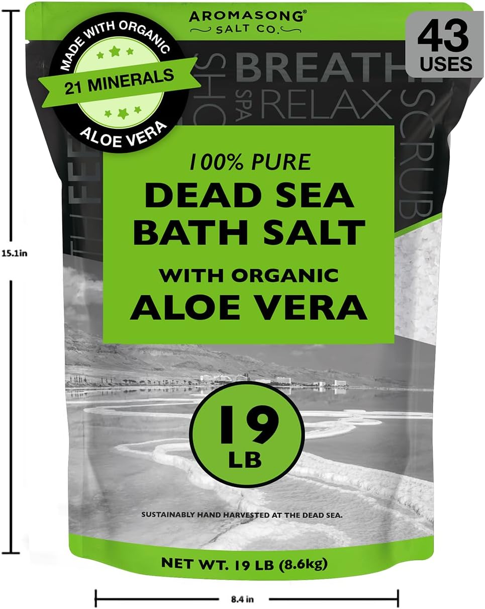 Aromasong Dead Sea Salt with Organic Aloe Vera, Spa Bath Salts, 19 Lbs Fine Bulk resealable Pack, 100% Pure & Natural, Soak for Women & Men for Tired Muscles & Skin Issues (Packaging May Vary)