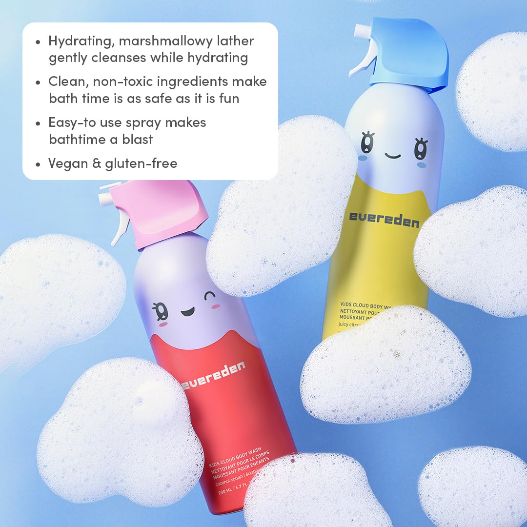 Evereden Kids Foam Body Wash | Dermatologist-Tested & Gentle | Fun Bathtime, Shape & Splash Fluffy Foam | Safe for Kids & Sensitive Skin | Clean, Vegan, Coconut Splash, 6.7 fl oz