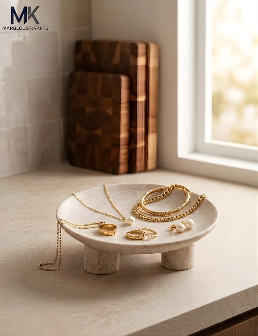Marblous Krafts Travertine Decorative Tray 8 Inch Handmade Natural Stone Vanity Tray, Candle Holder Display, Perfume Tray Organizer, Jewelry Dish & Coffee Table Decor for Modern Home