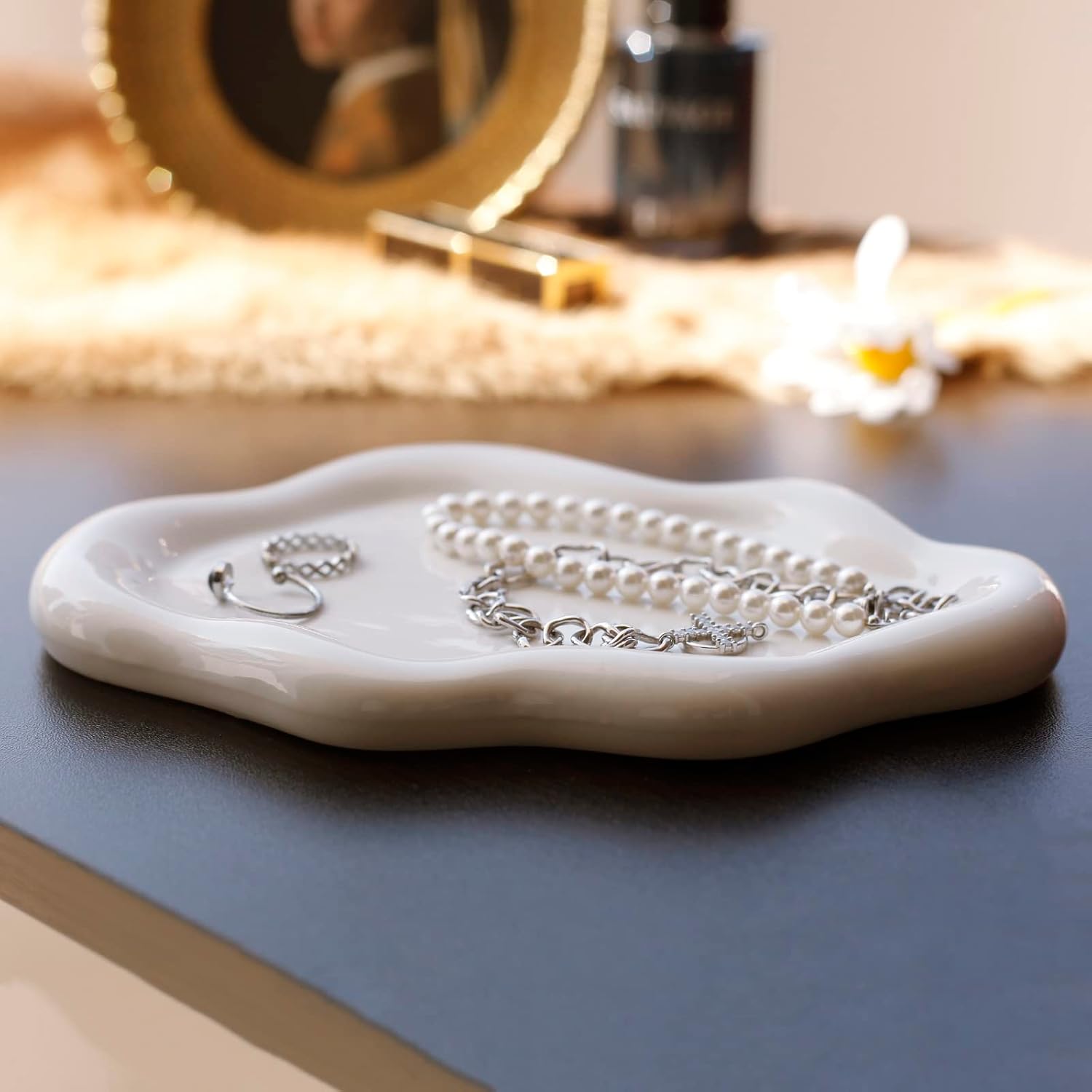 Jewelry Dish Trinket Tray for Women, Ring Dish Holder, Unique Cloud Shape Ceramic Plate Cute Things Vanity Aesthetic Room Decor Mother's Day Birthday (White)