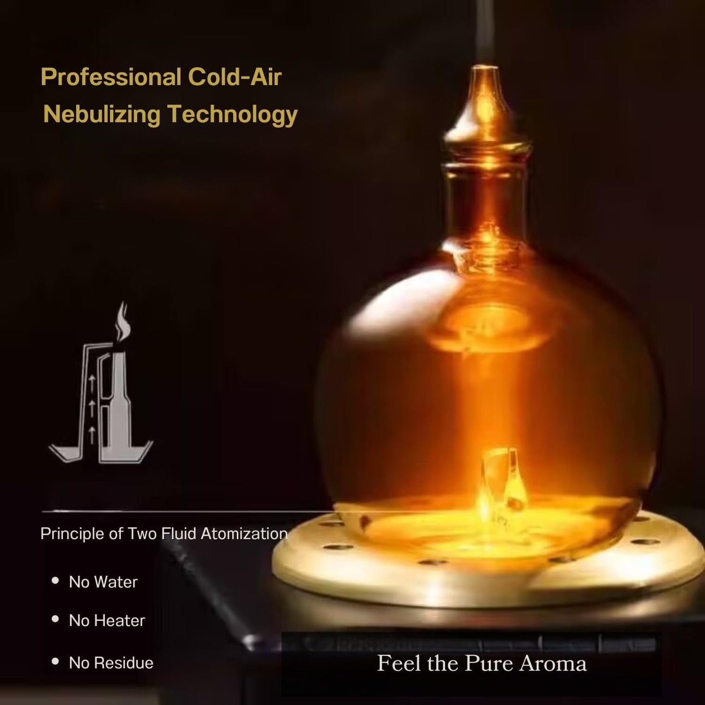 Cordless Aroma Oil Nebulizer - Waterless Diffuser for Essential Oil with Glass & Wood, Rechargeable Portable Nebulizing Machine, Battery Operated up to 40h - Gold & Fire Original Design