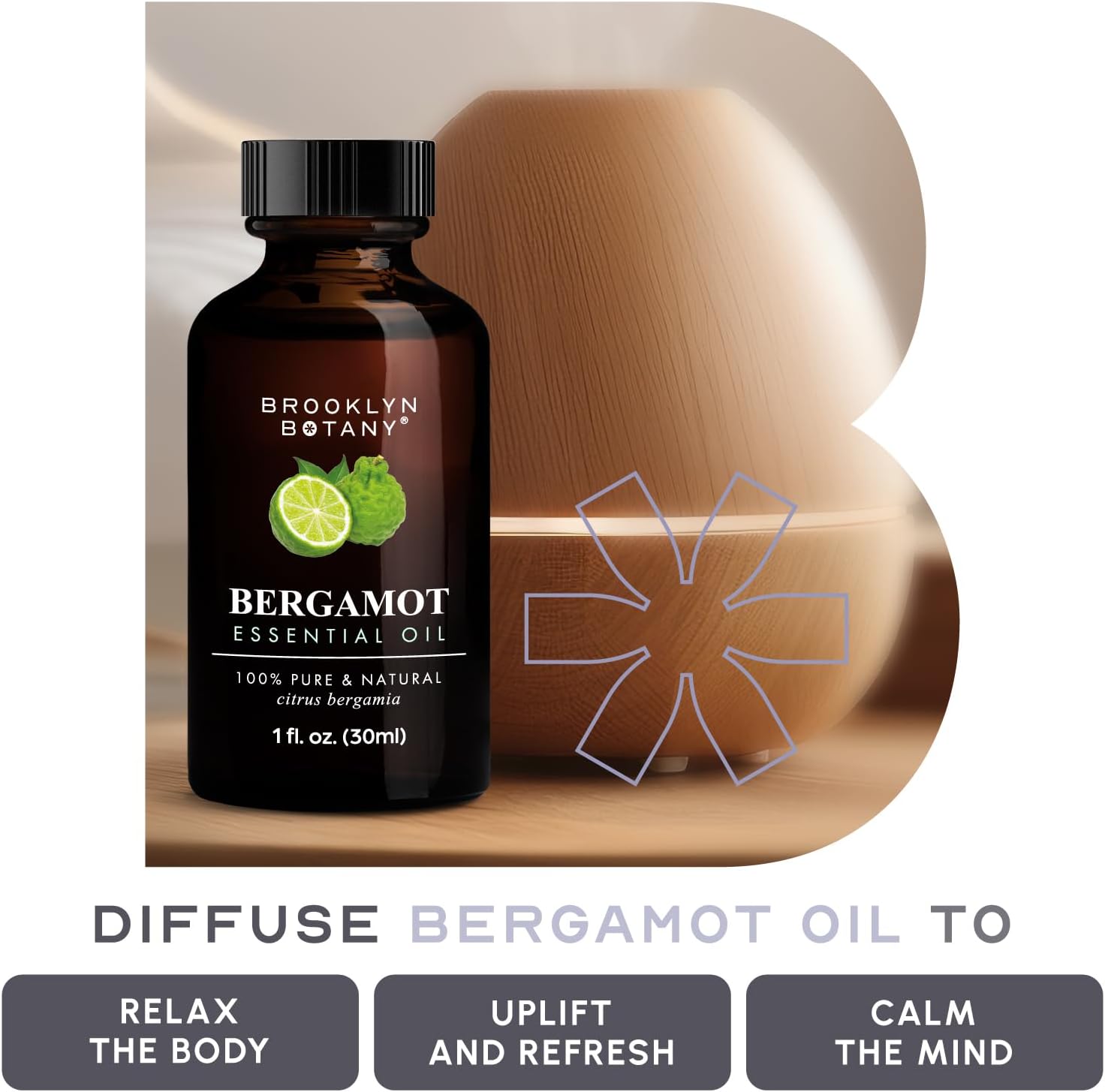 Brooklyn Botany Bergamot Essential Oil - 100% Pure and Natural - Premium Grade Oil with Dropper - for Aromatherapy and Diffuser - 1 Fl Oz