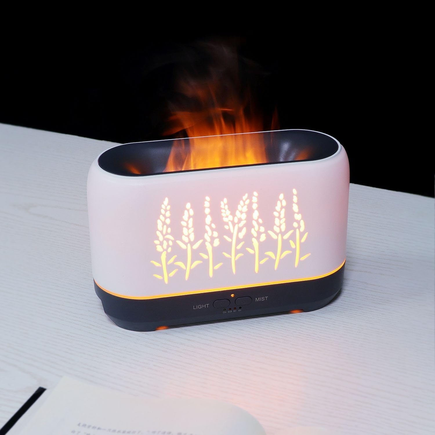 Essential Oil Diffuser, Wood Flame Humidifiers for Bedroom, 200ml Waterless Auto-Off, 2 Mist Mode 4 Timer Up, Remote Control (White)