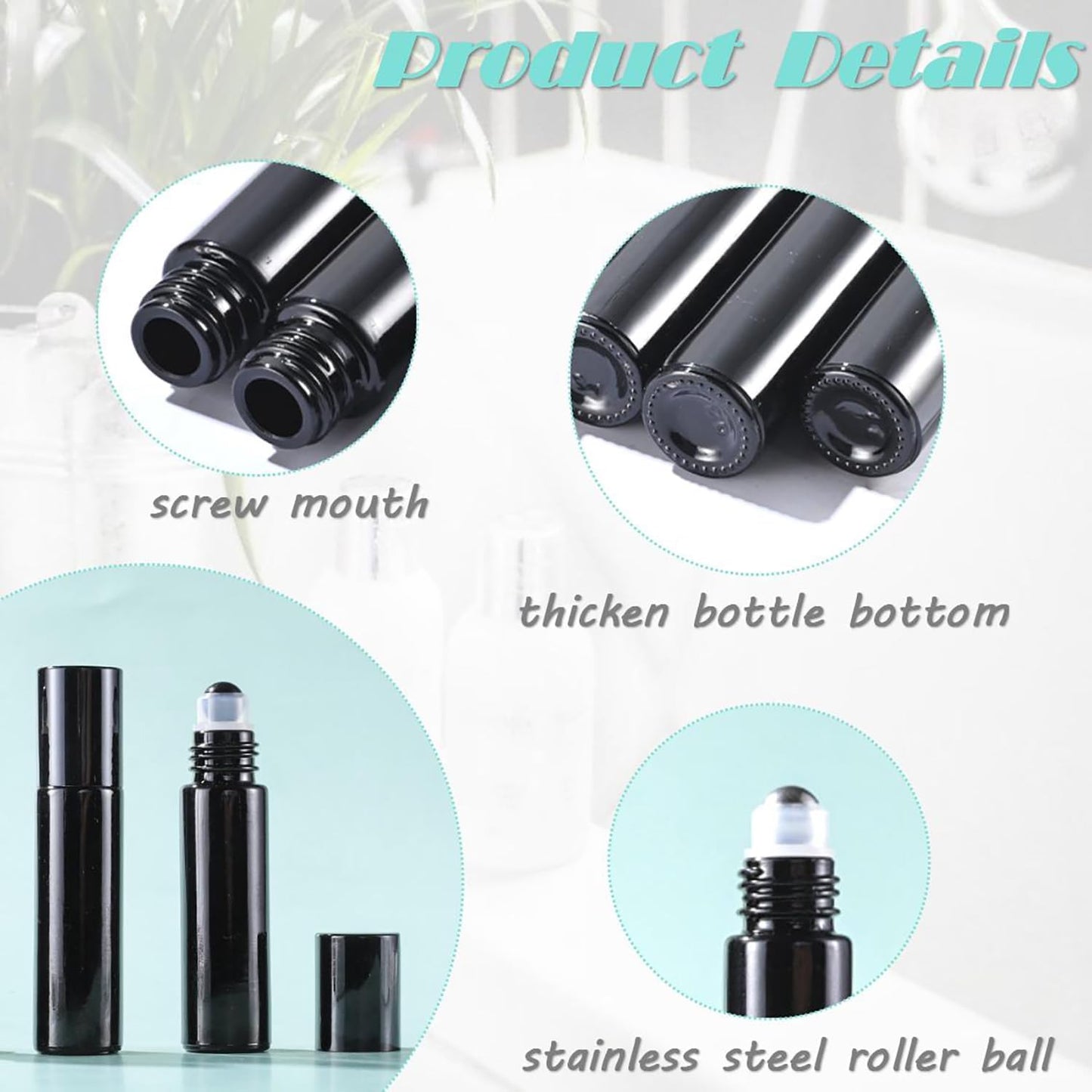 16Pcs Black Essential Oil Roller Bottles Roll On Bottles Perfume Sample Refillable Essential Oil Bottle with Stainless Steel Ball for Oils, Aromatherapy, Perfume, DIY and Blends 10ml