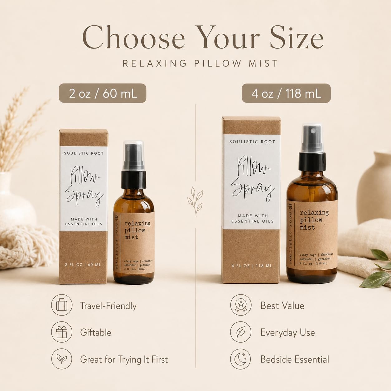 Soulistic Root Relaxing Pillow Mist | Lavender Chamomile Linen Room Spray for Pillows, Bedding and Linens, Botanical Home Fragrance in Glass Bottle (4 oz)
