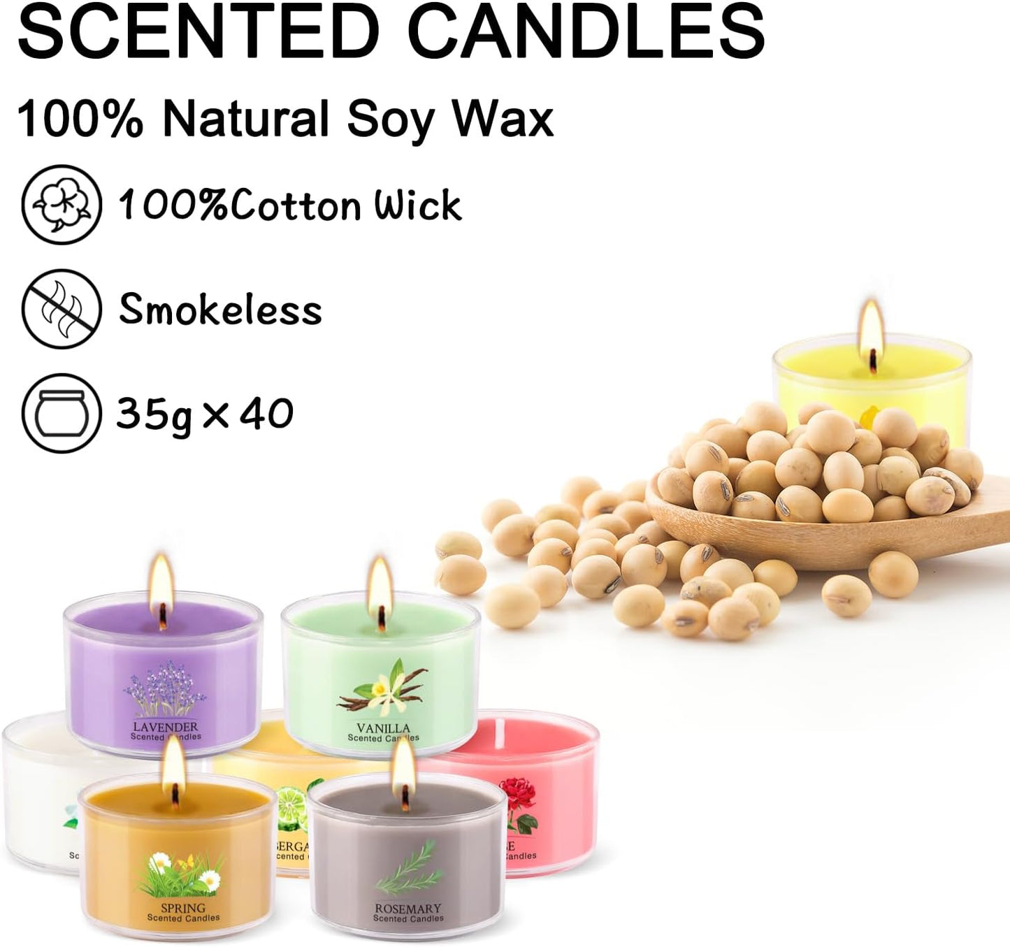 40 Scented Candle Set, 10 Fragrances, 35g Natural Soy Wax Candles with Smokeless Cotton Wicks, Ideal for Home Decor, Yoga, Meditation, Spa & Gifting.