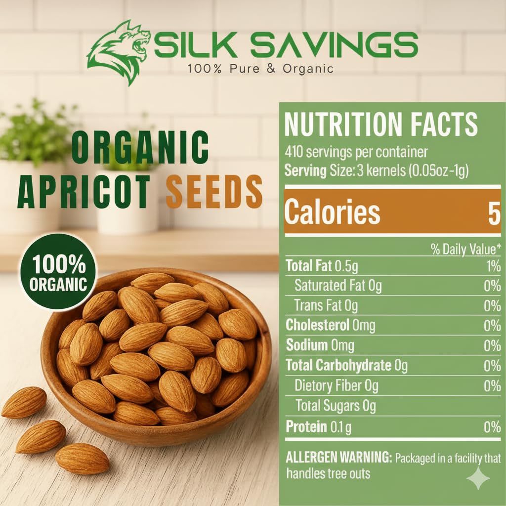 Bitter Apricot Organic Premium Apricot Kernels 8oz, Organic Bitter Apricot Seeds, Bitter Kernels in Resealable Bag, dried apricots, Maximum 3 Kernels/day