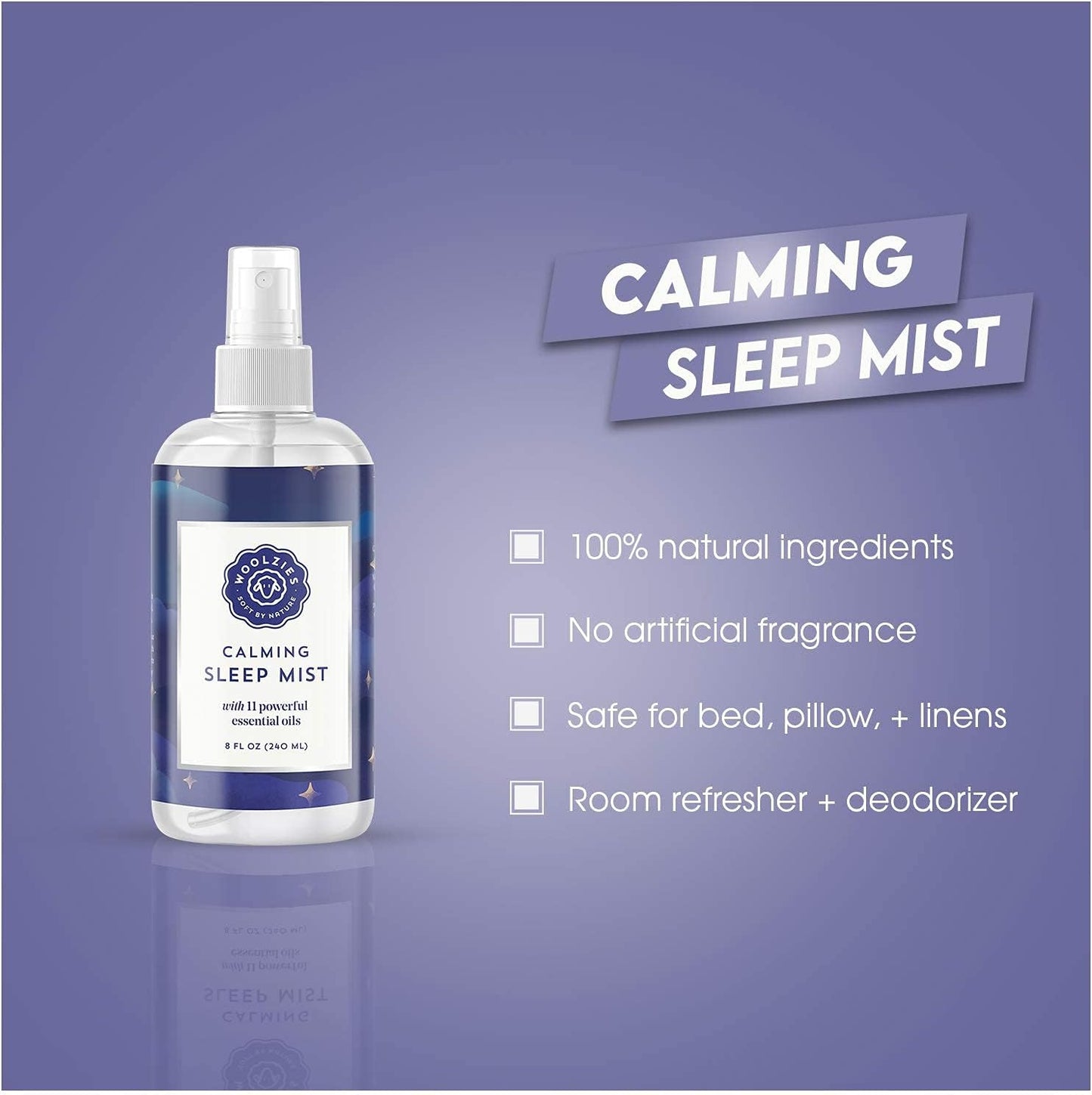 Woolzies Calming Sleep Mist | 100% Natural Hypoallergenic Essential Oil Pillow Spray | Relaxing & Comforting | 8 FL OZ