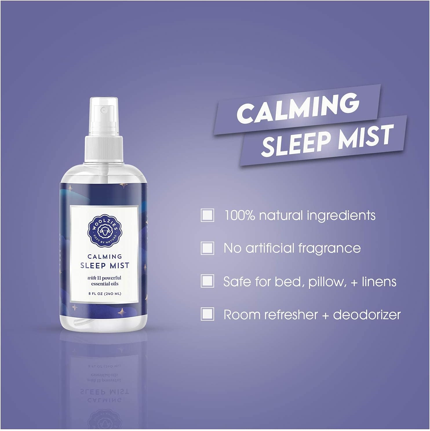 Woolzies Calming Sleep Mist | 100% Natural Hypoallergenic Essential Oil Pillow Spray | Relaxing & Comforting | 8 FL OZ